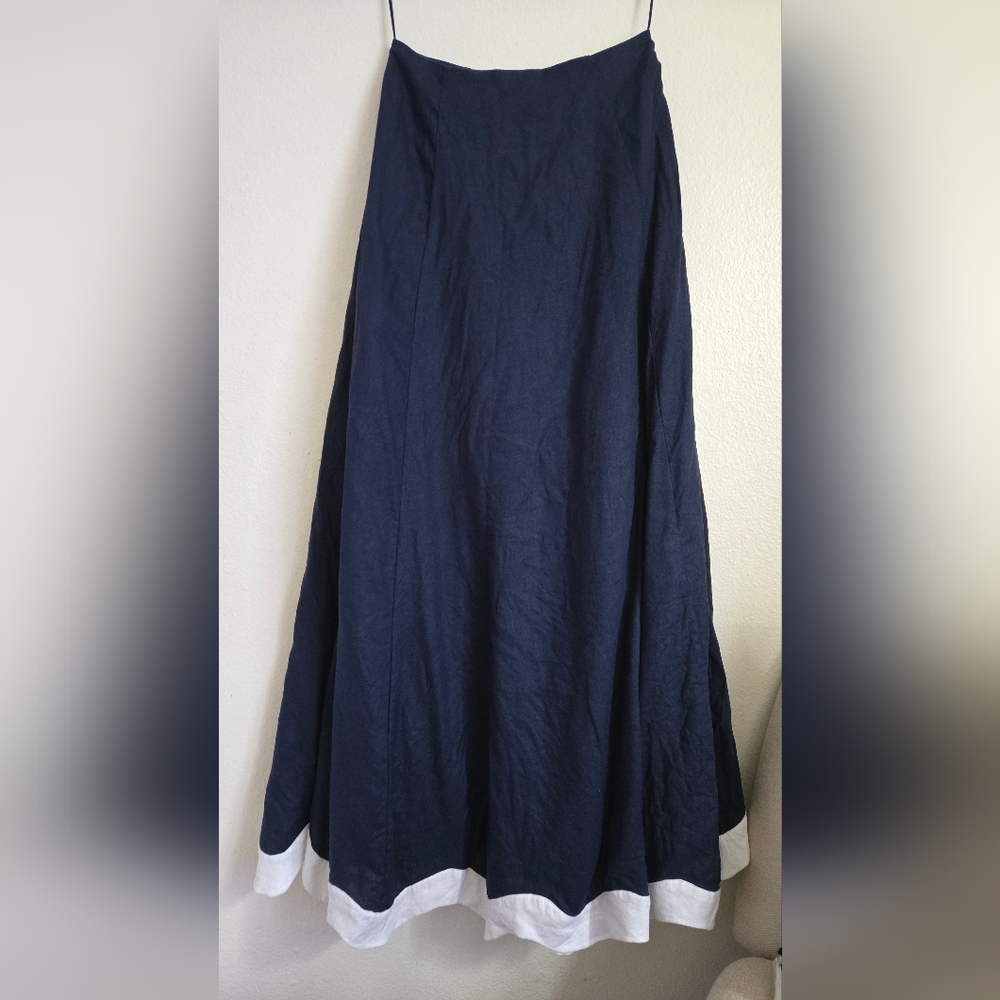 Staud Luciana Navy White Linen Long Maxi Skirt Size 2 - Picture 3 of 11